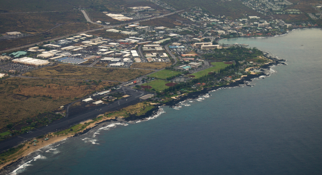 Downtown Kona, its retired airport runway visible to the left