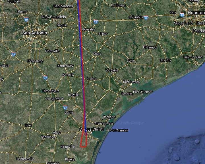 Austin to Corpus Christi is 145 nautical miles; our path was 178 nm entirely because of the instrument approach at the end.